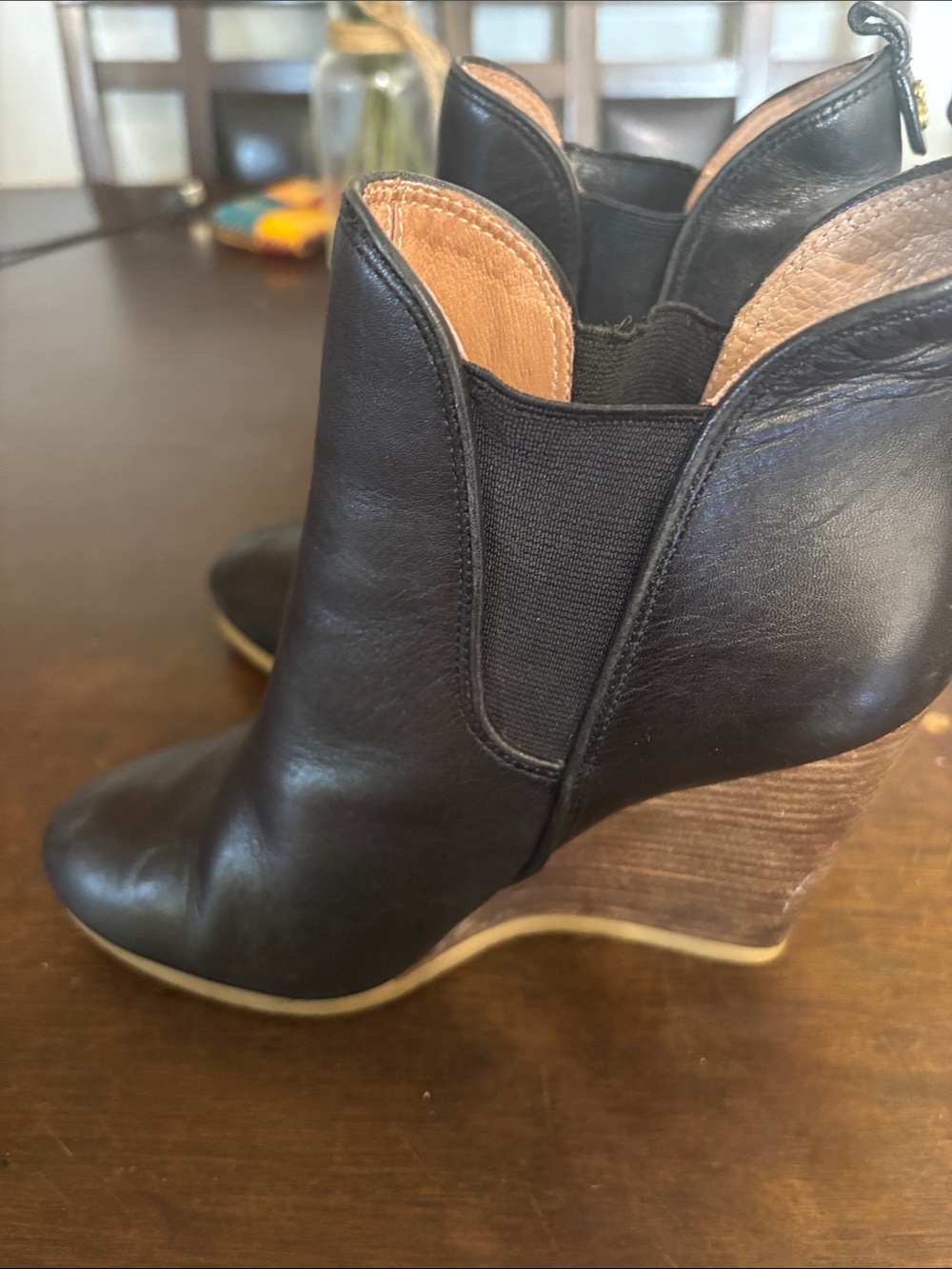 Coach Black Leather Wedge Booties with Wood-Effect Heel - Picture 1 of 4